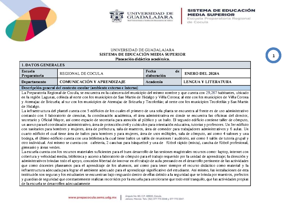 Planeación didáctico académica de Habilidad Verbal 2024A - 1