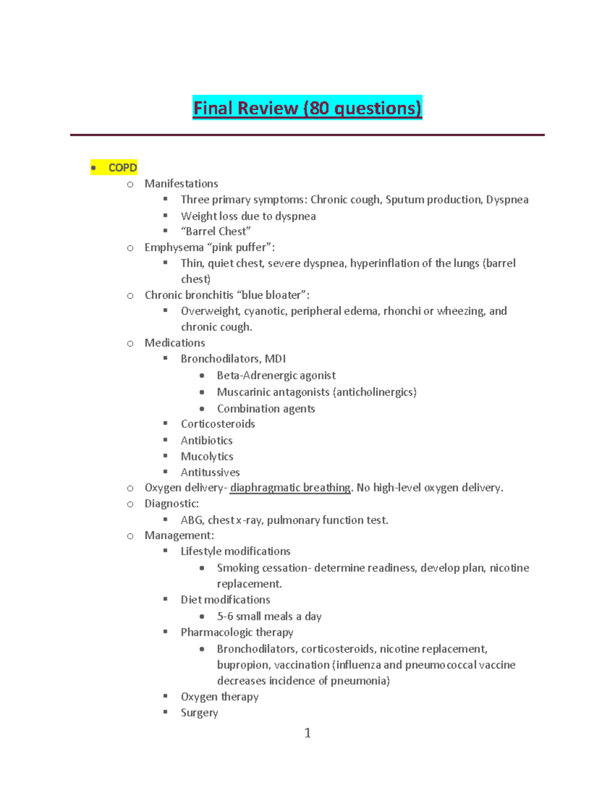 Med Surg Final Review - Mad Surg - Final Review (80 Questions) • COPD O ...