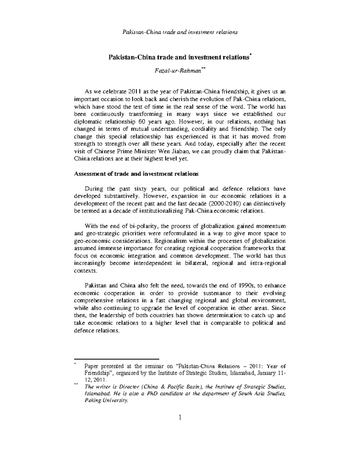 Pak china 1 - Notes - Pakistan-China trade and investment relations ...