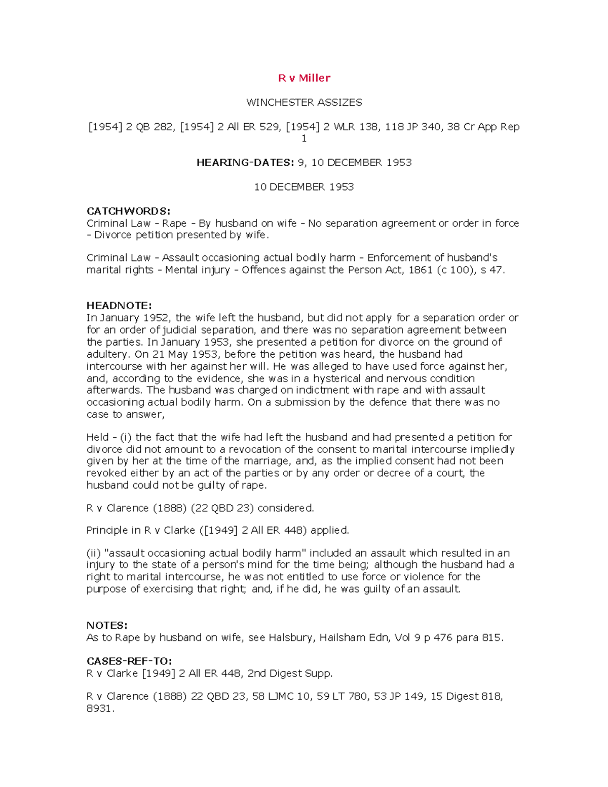 R v Miller Case law R v Miller WINCHESTER ASSIZES [1954] 2 QB 282