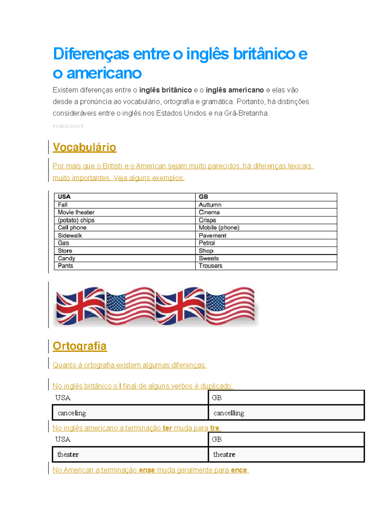 INGLÊS BRITÂNICO vs INGLÊS AMERICANO (Diferenças de vocabulário