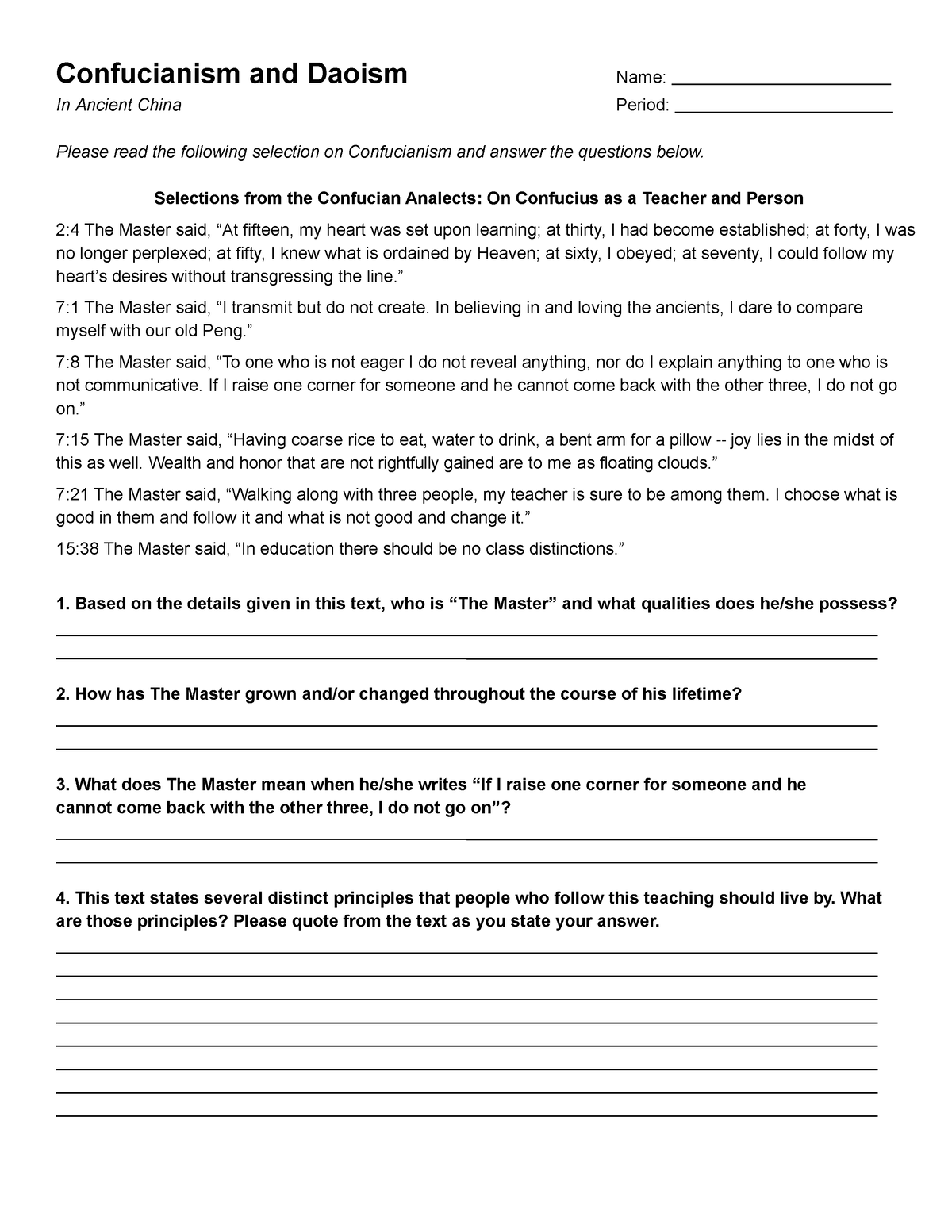 Confucianismand Daoism Primary Source Analysis Worksheet DBQ ...