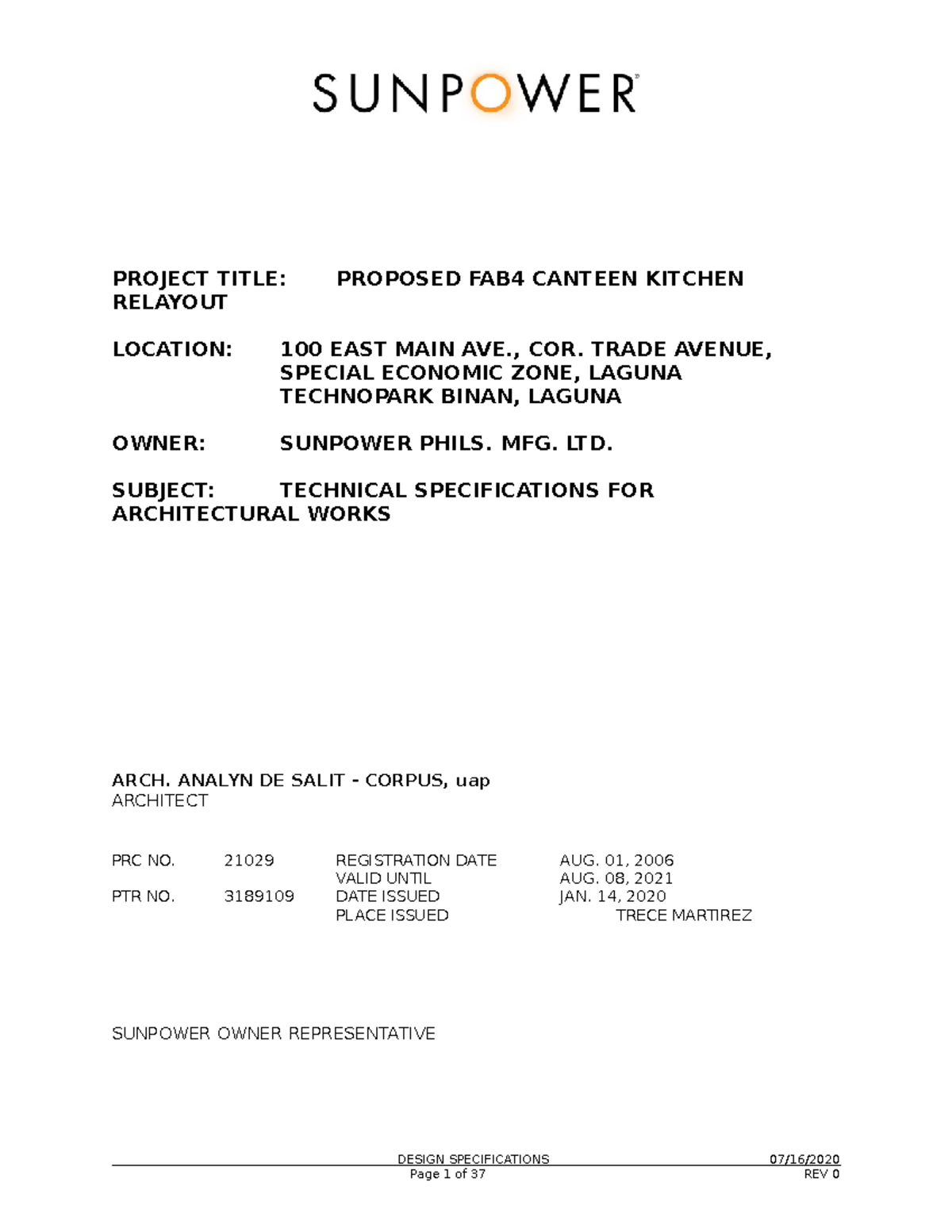 Technical Specifications ( Architectural) PROJECT TITLE PROPOSED