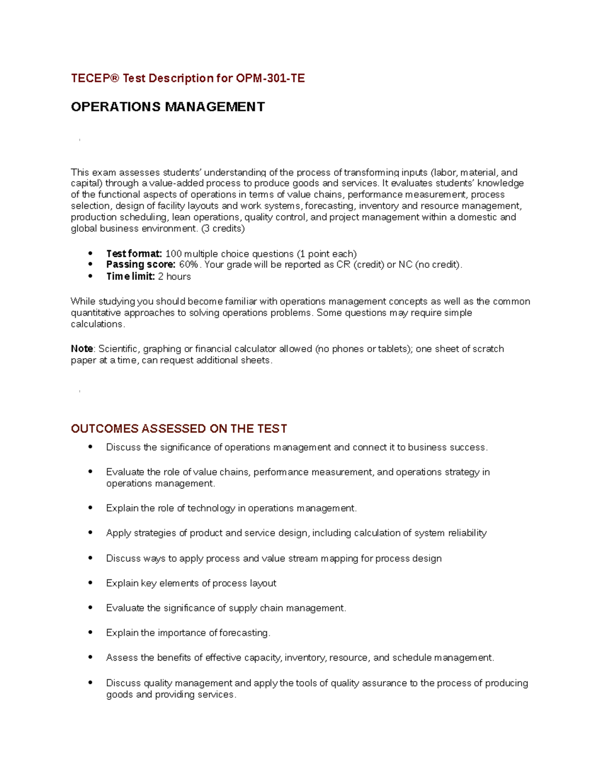 OPM Tecep - TECEP® Test Description for OPM-301-TE OPERATIONS ...
