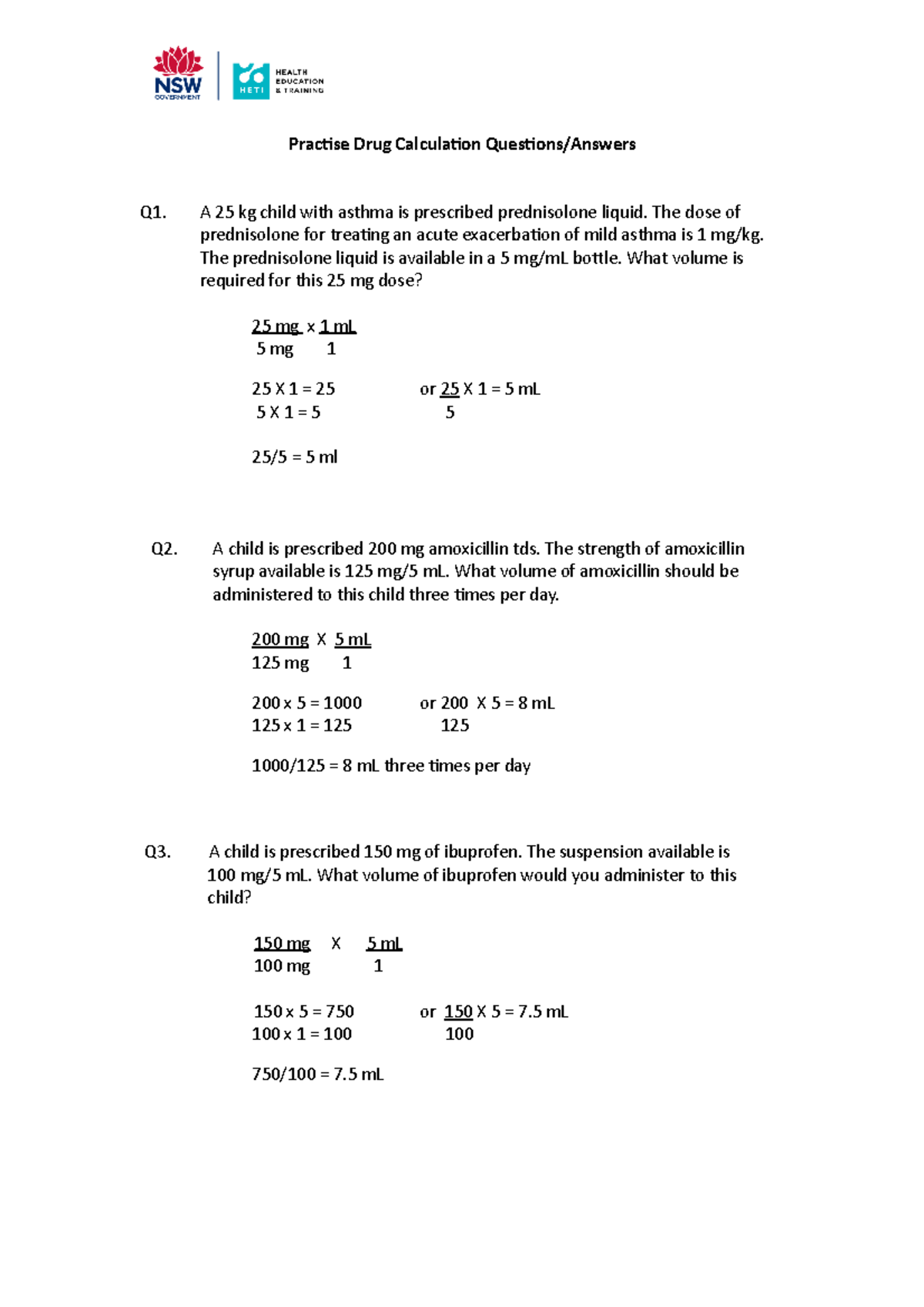 Practise Drug Calculation Answers Practise Drug Calculation Questions