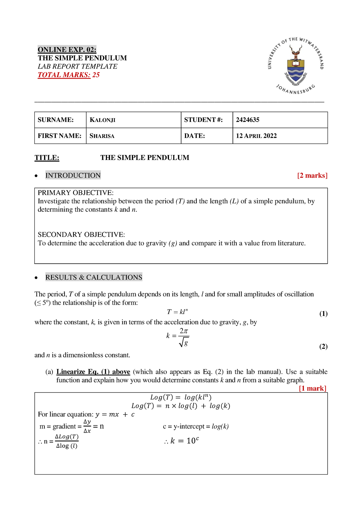 EXP02 Online LAB - Lab 2 Simple pendulum - ONLINE EXP. 02: THE SIMPLE ...