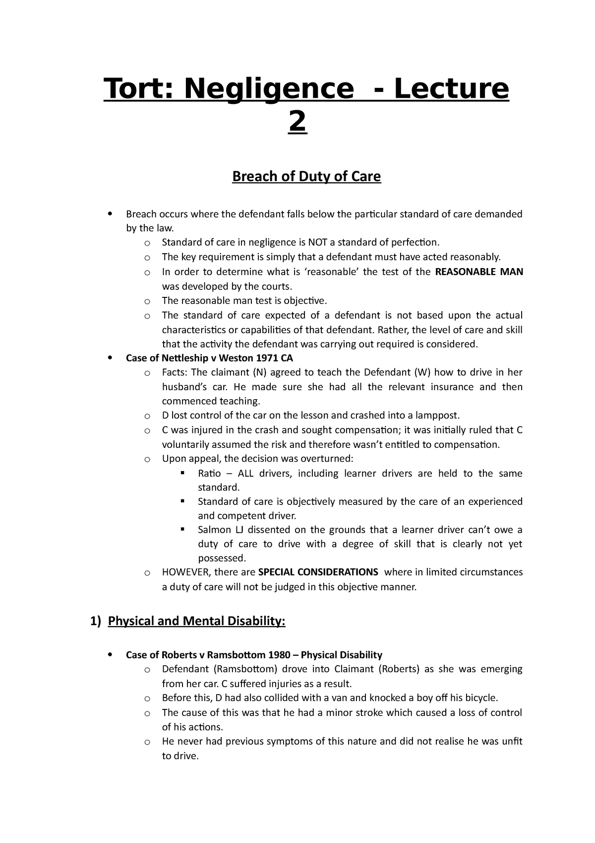 3 - Negligence - Lecture 2 Breach Of Duty Of Care - Tort: Negligence ...