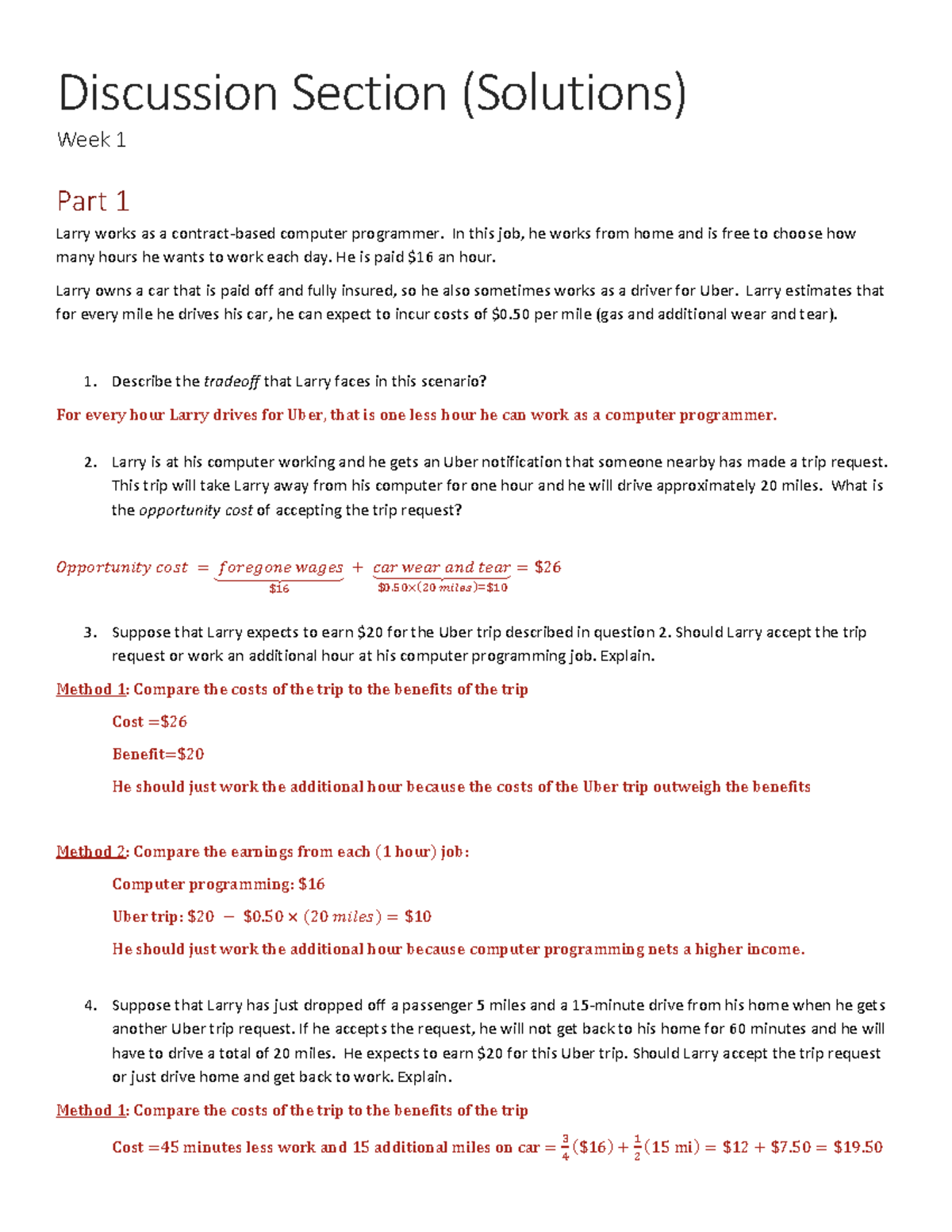 Week 1 solutions - Quiz question work and answers - Discussion Section ...