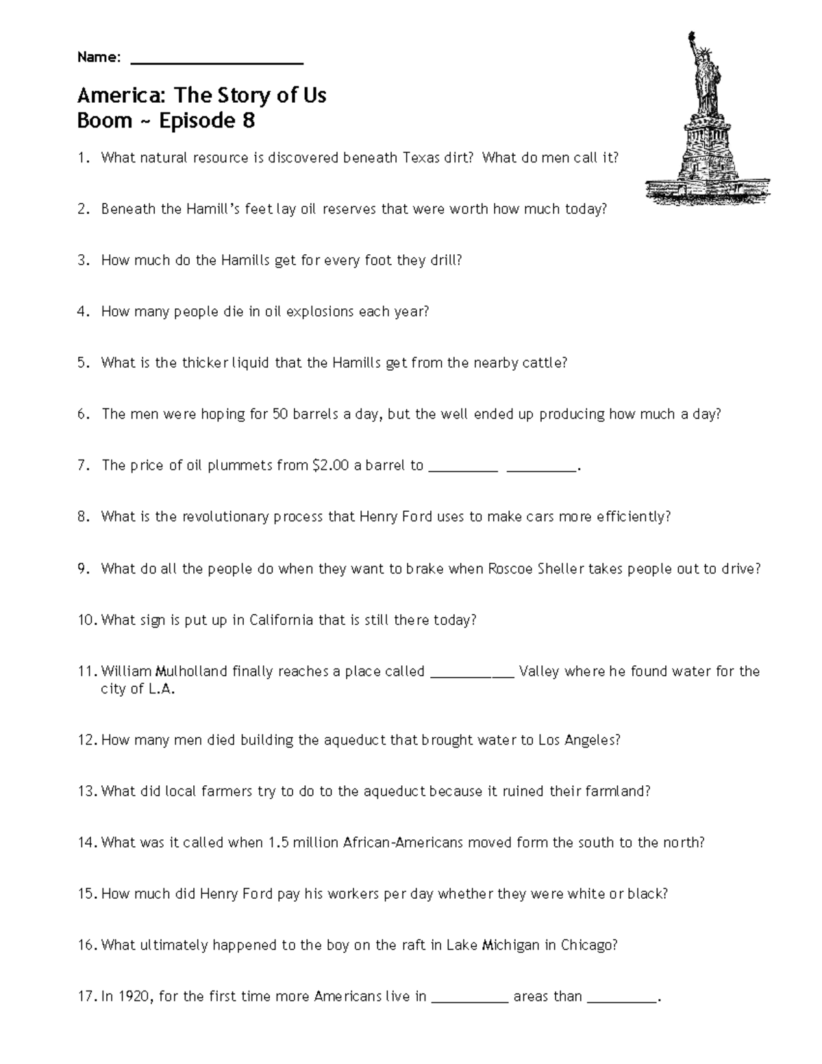 Boom video questions - Name: ____________________ America: The Story of - America The Story Of Us Episode 8