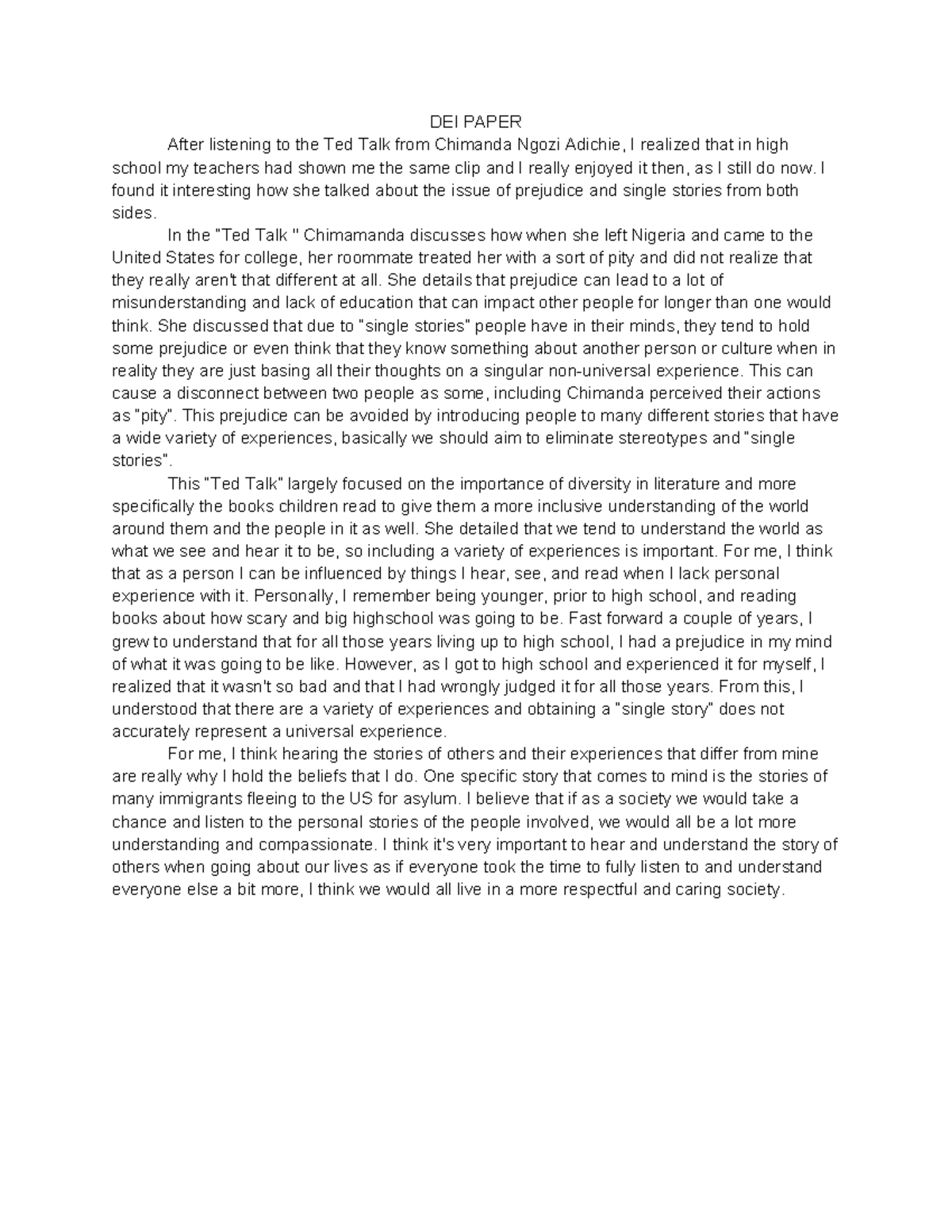 Diversity and Inclusion Paper - DEI PAPER After listening to the Ted ...