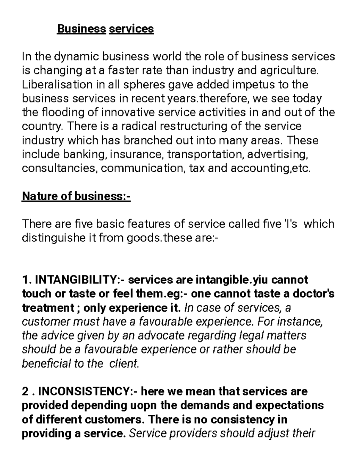Business Services (Nature Of Services, Types Of Services,) Business