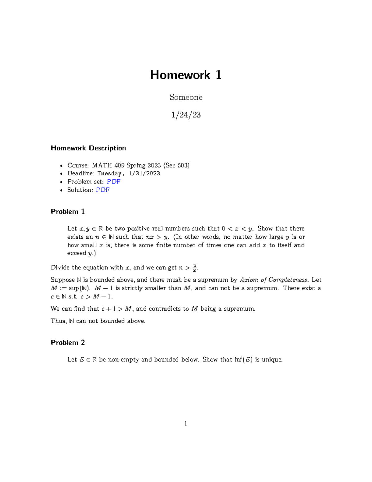 Hw1 - Homework 1 - Homework 1 Someone 1/24/ Homework Description Course ...