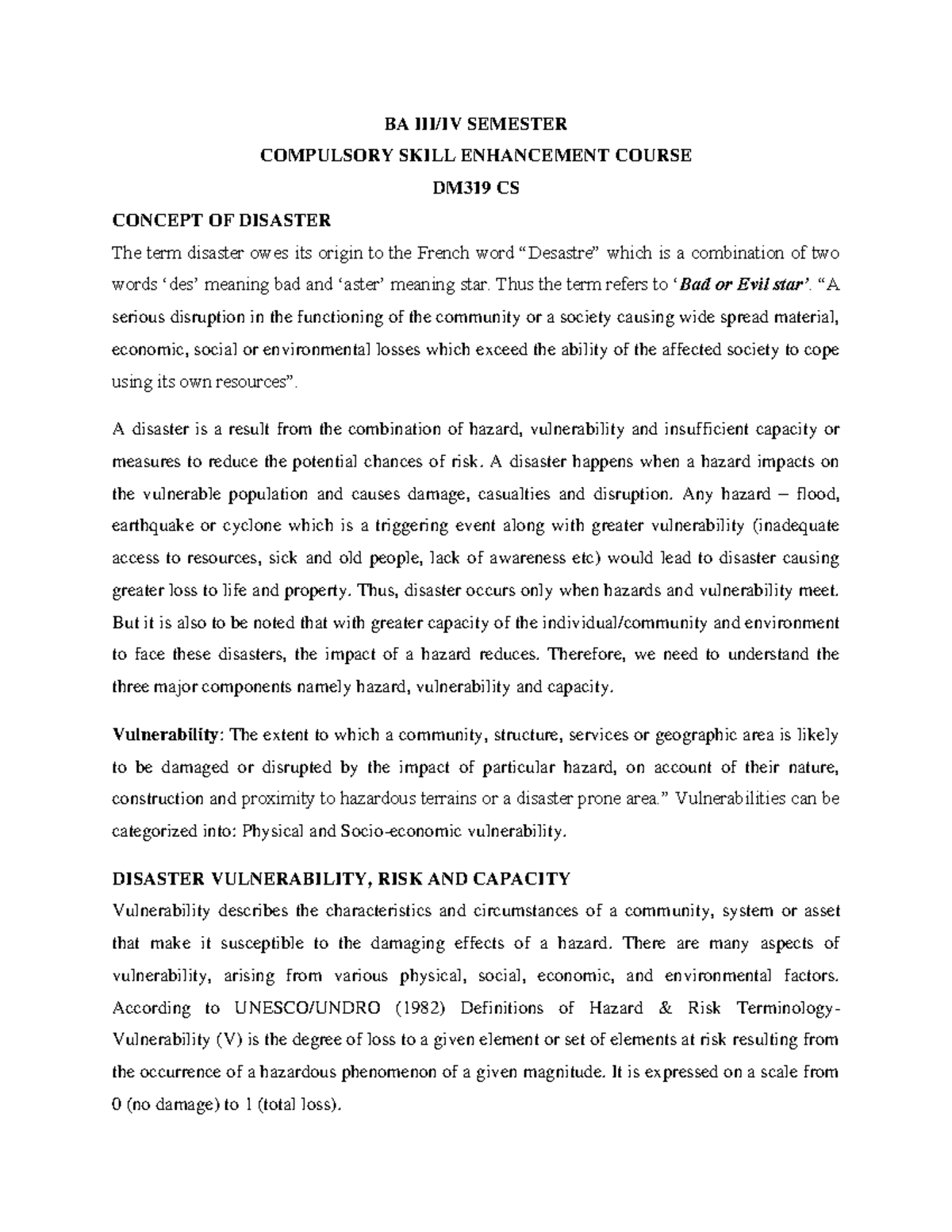 Disaster Management 3rd Sem1 Ba Iii Iv Semester Compulsory Skill