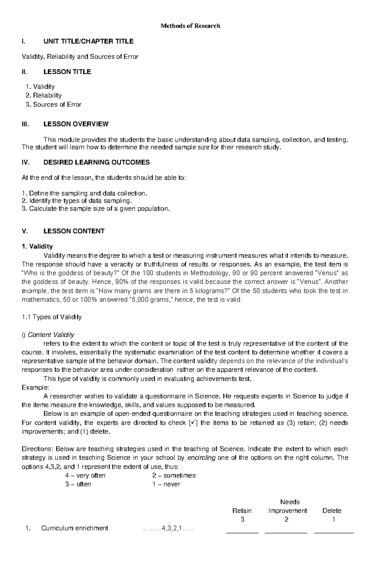 Introduction to Research Methods - Methods of Research I. UNIT TITLE ...