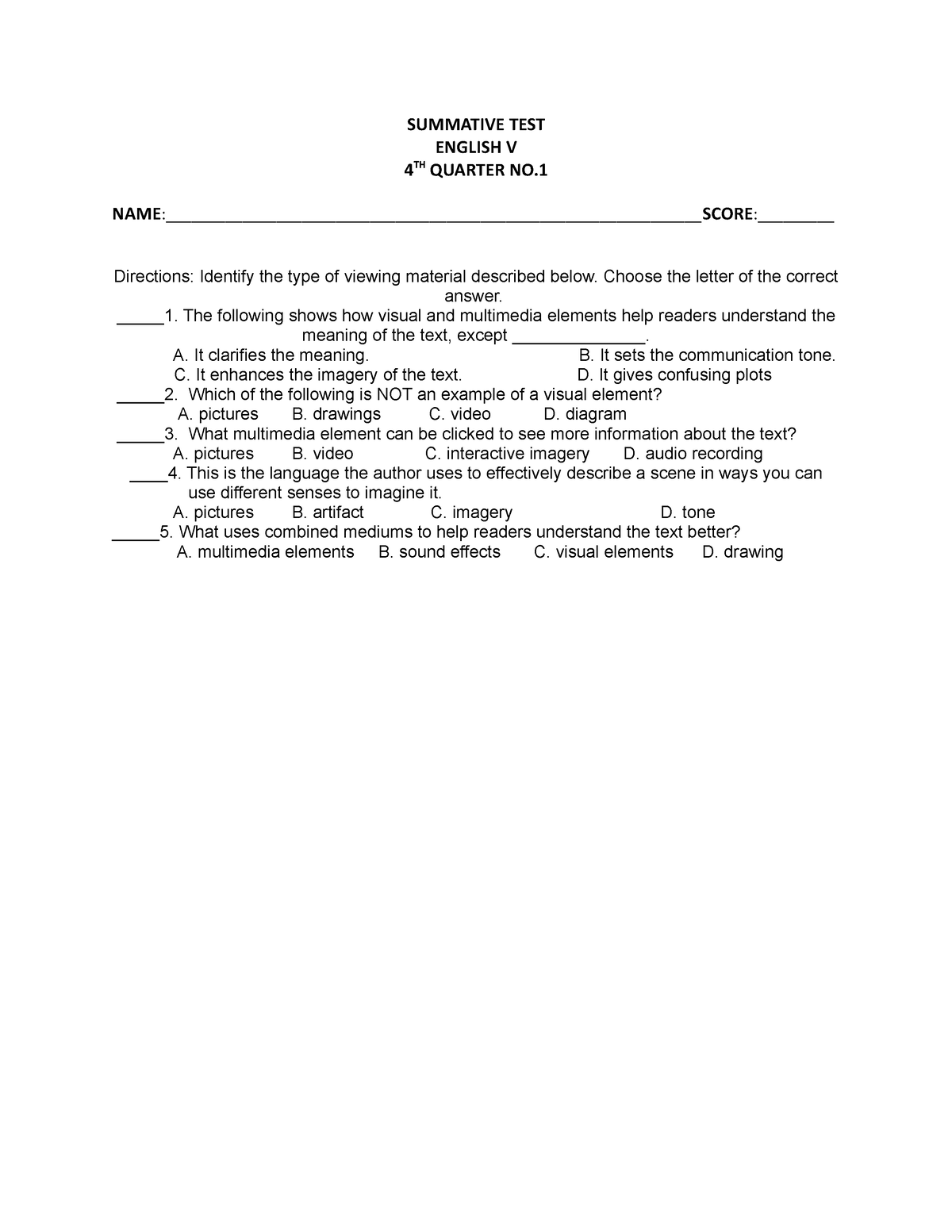 Summative TEST English Q4 NO - SUMMATIVE TEST ENGLISH V 4 TH QUARTER NO ...