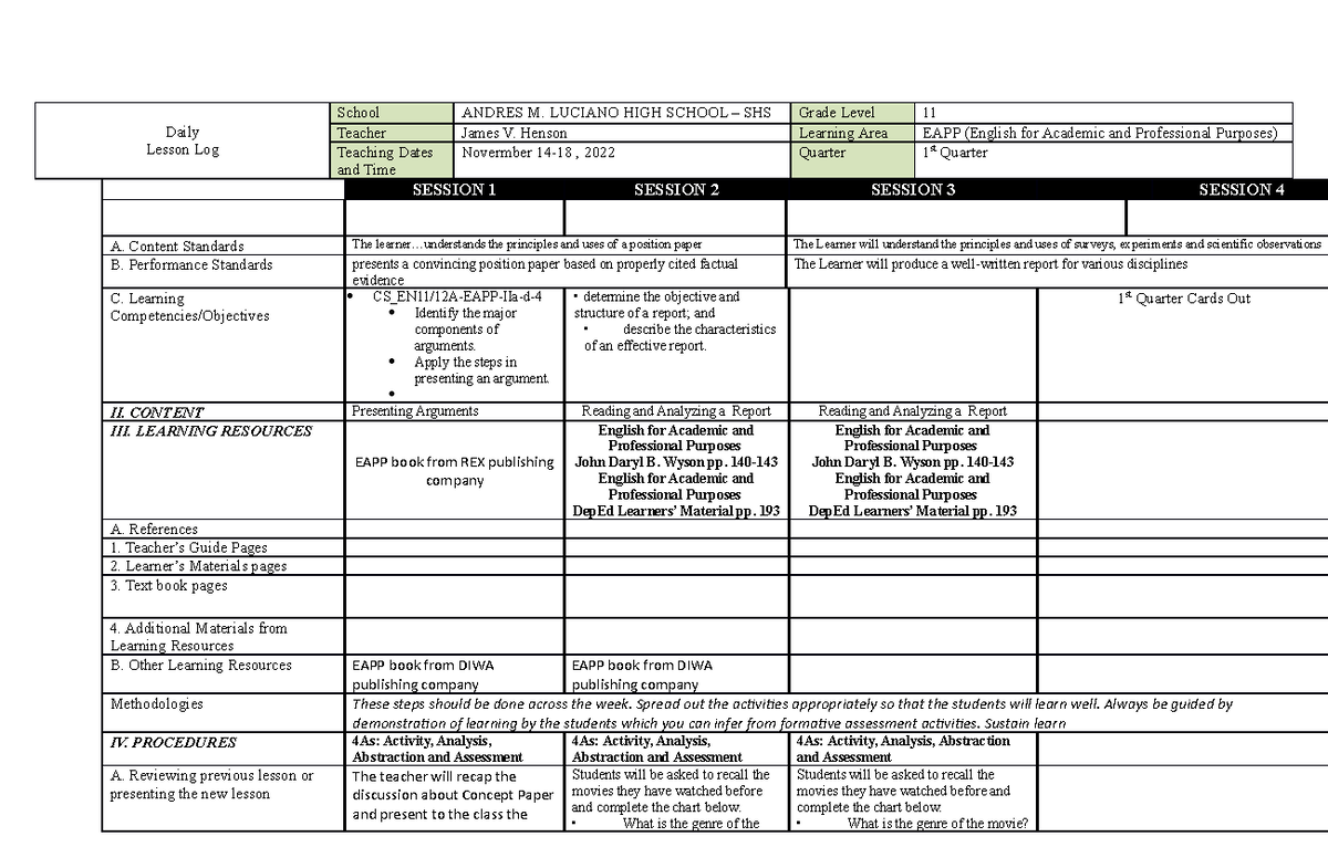 DLL-EAPP-November 7-11, 2022 - Daily Lesson Log School ANDRES M ...