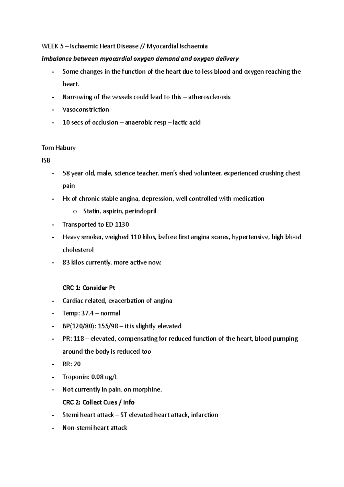 WEEK 5 - Case study work - WEEK 5 – Ischaemic Heart Disease ...