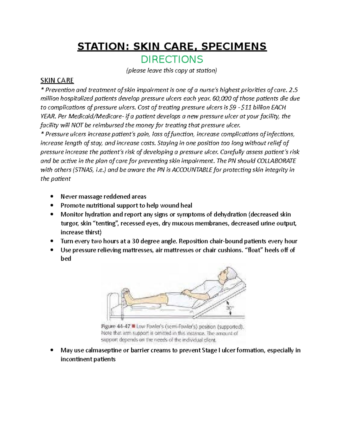 Week 1 Skin Care and Specimens Directions STATION SKIN CARE