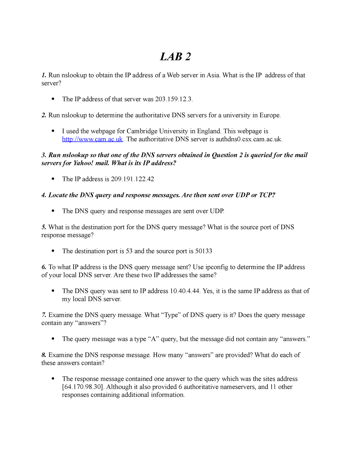 Lab 2 computer networks - jelena misic - LAB 2 1. Run nslookup to