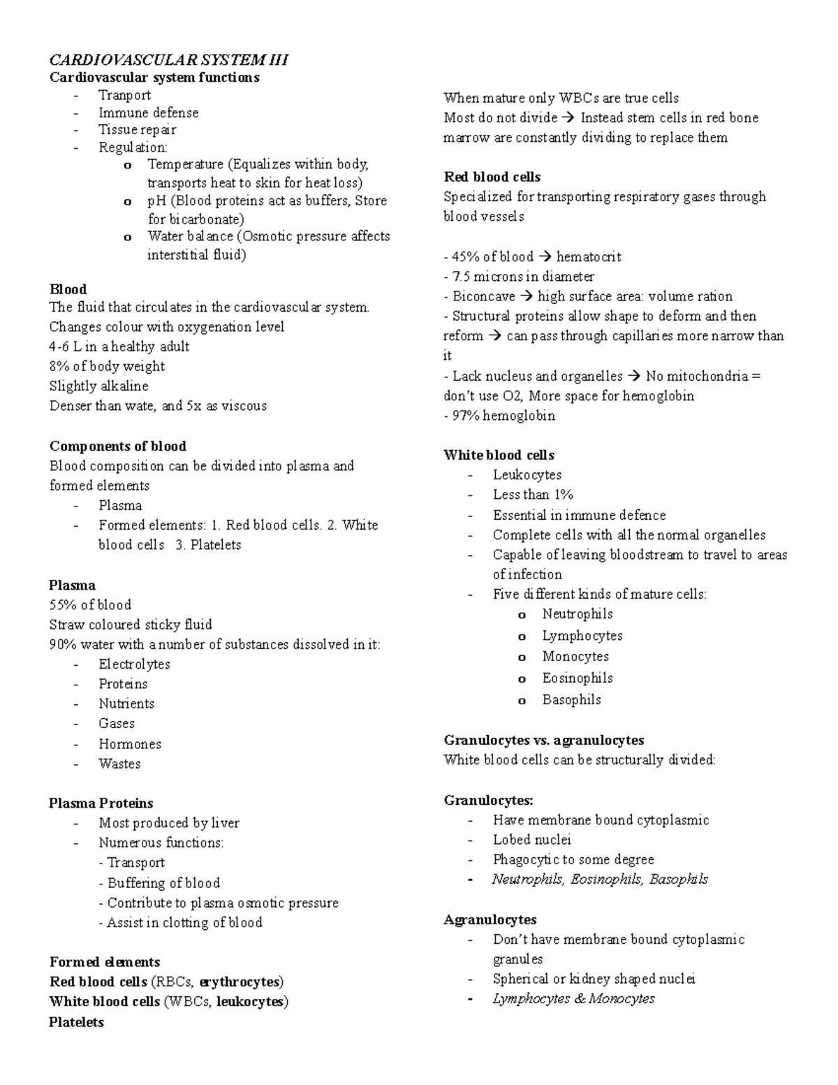 Notes test2 - CARDIOVASCULAR SYSTEM III Cardiovascular system functions ...