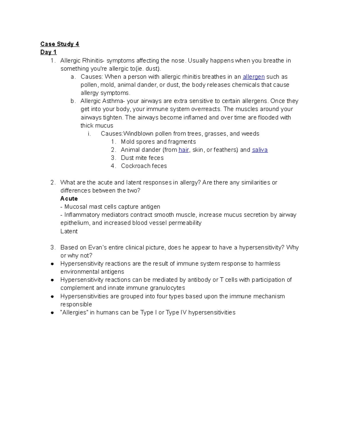 Case Study 4 day 1 Case Study 4 Day 1 1. Allergic Rhinitis symptoms