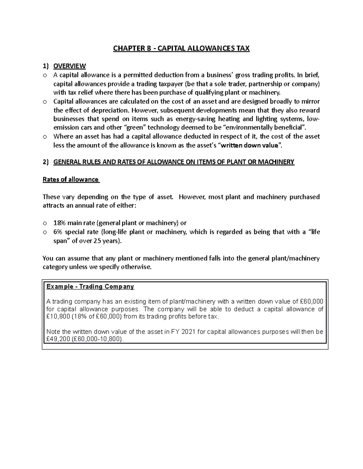 Capital Allowances Tax Reading CHAPTER 8 CAPITAL ALLOWANCES TAX 1) OVERVIEW o A capital