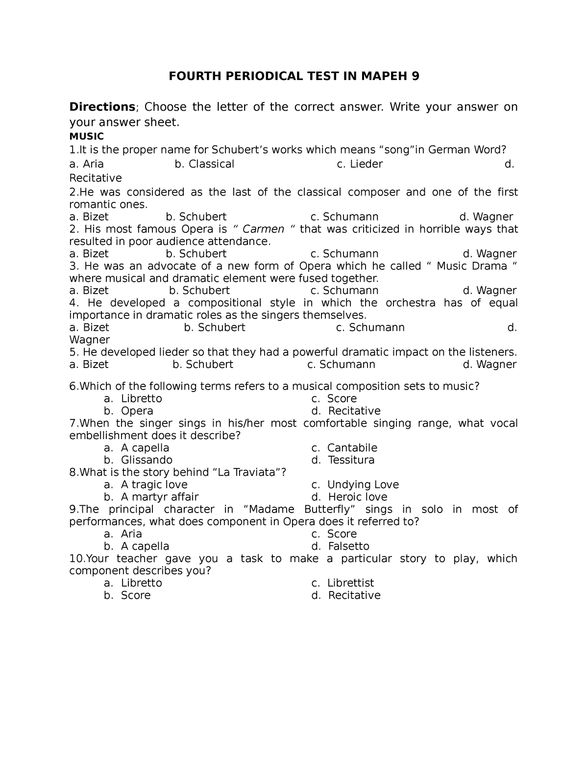 Fourth Periodical TEST IN Mapeh 9 - FOURTH PERIODICAL TEST IN MAPEH 9 ...