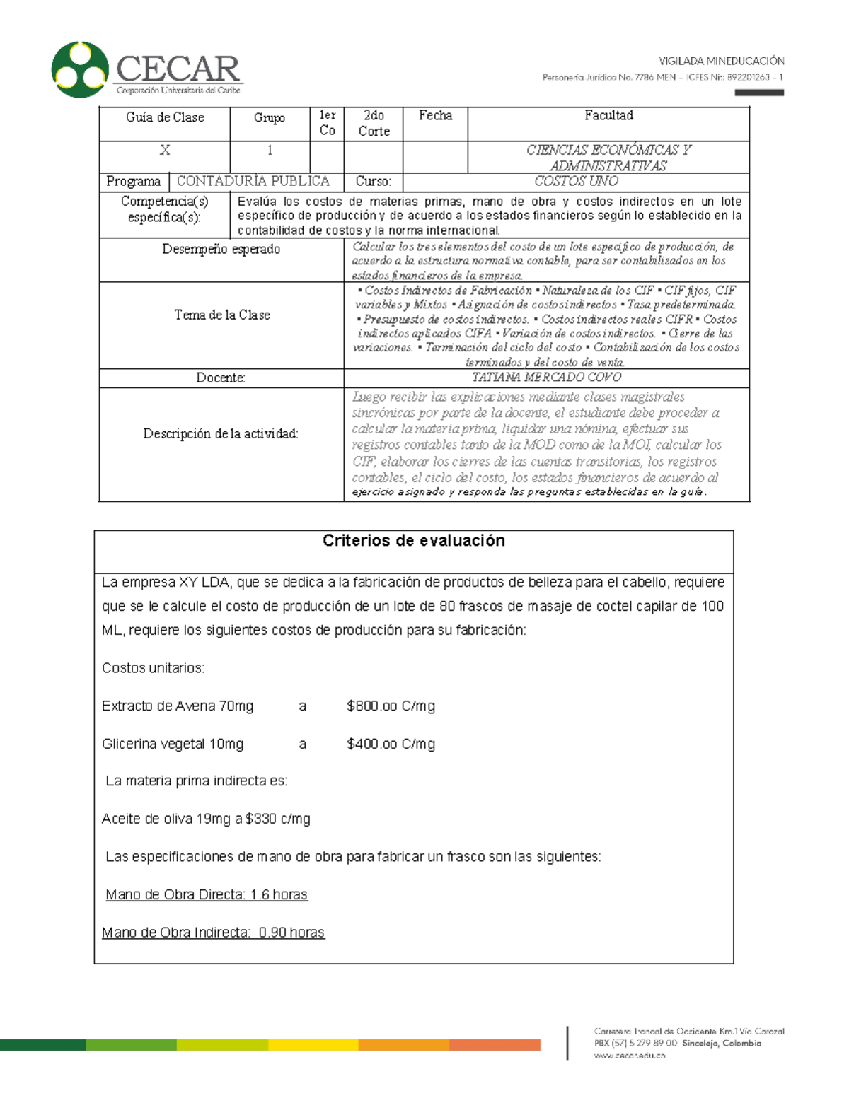 Rubrica DE Costos CIF 20241 - Guía de Clase Grupo 1er Co rte 2do Corte ...