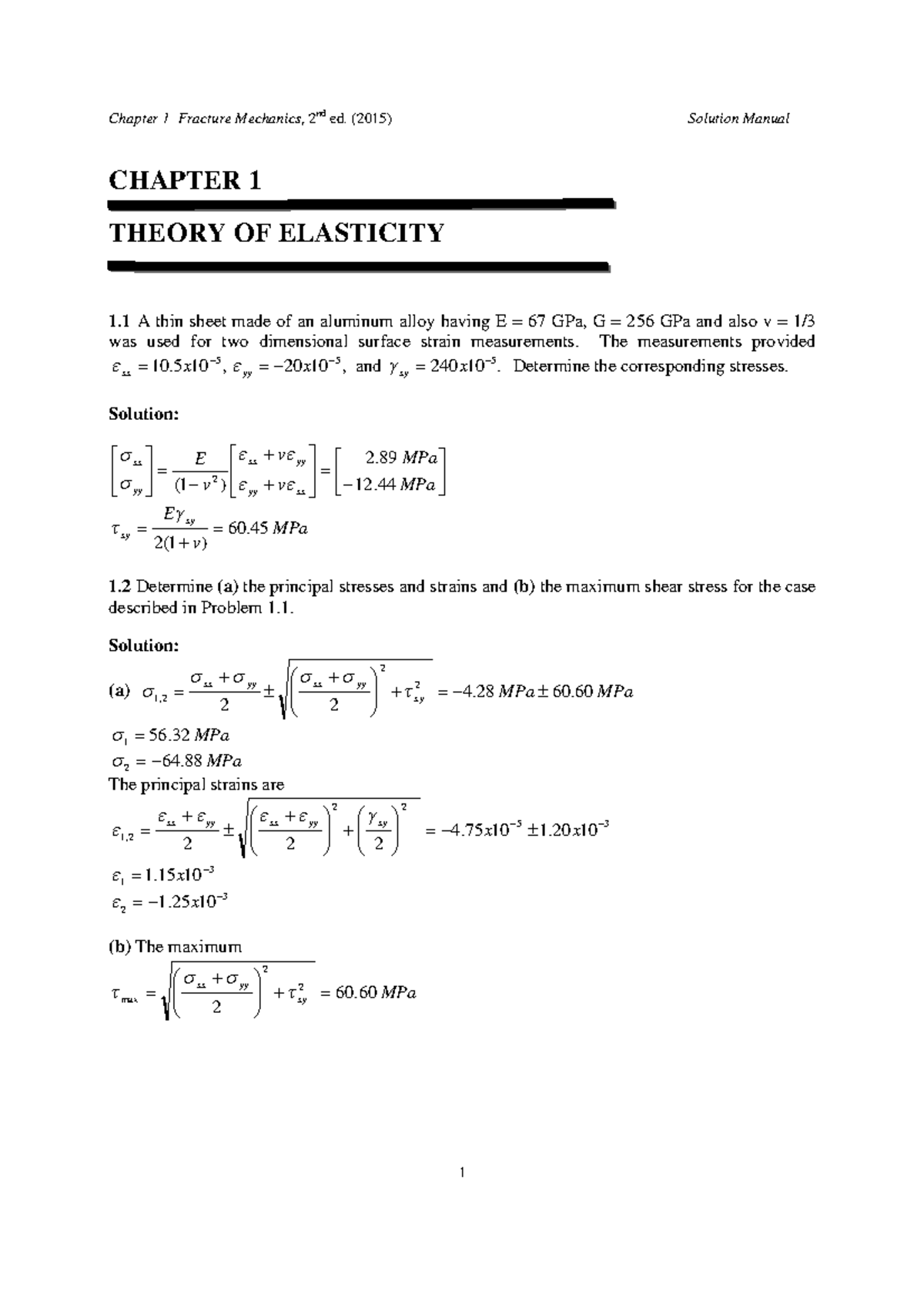 Fracture Mechanics 2nd ed Solution Manual - CHAPTER 1 THEORY OF ELASTICITY 1 thin sheet made of ...