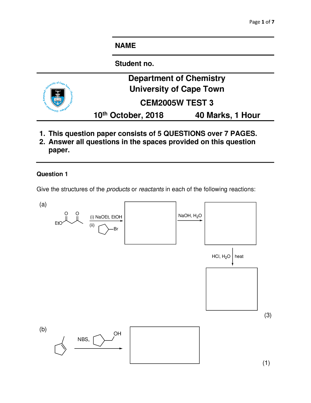 CEM2005 W Class Test 3 2018 - NAME Student No. Department Of Chemistry ...