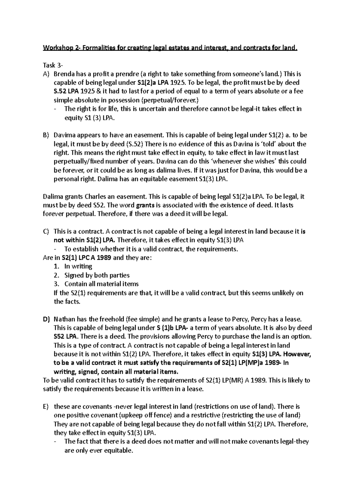 Land Law Workshop 2 Workshop 2 Formaliies For Creaing Legal Estates An D Interest And Studocu