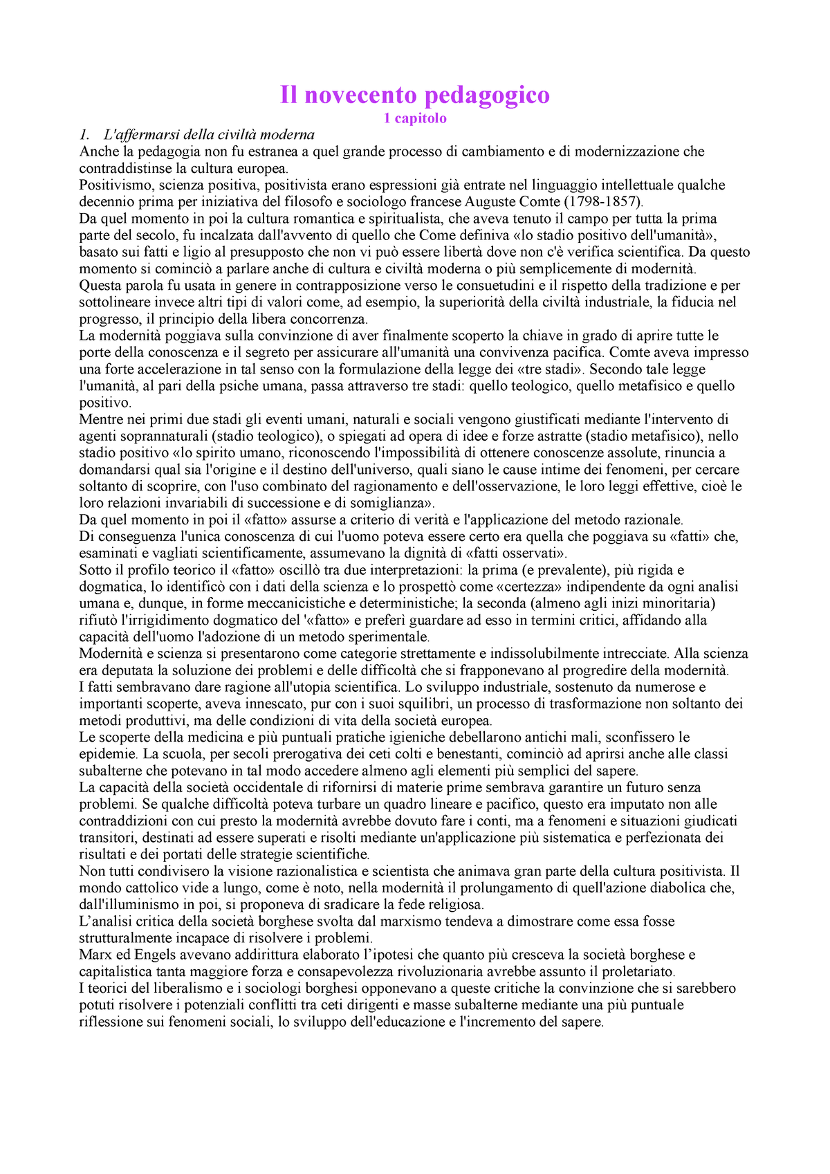 IL NOVECENTO PEDAGOGICO Riassunto - Il Novecento Pedagogico 1 Capitolo ...