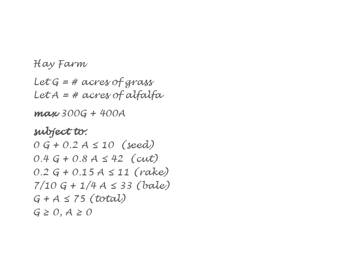 1-3.Hay Farm.Algebraic Formuation - COMM 190 - Hay Farm Let G = # acres ...