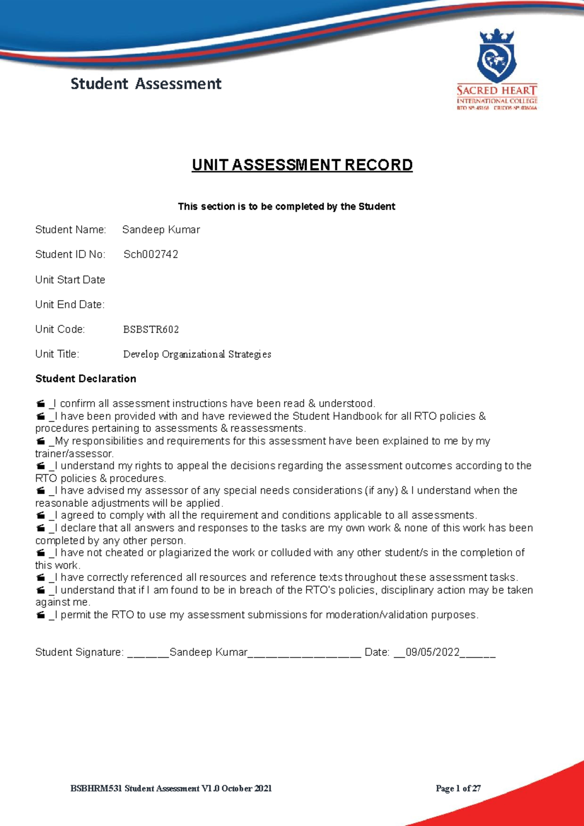 Bsbstr 602 - Easy To Use Material - UNIT ASSESSMENT RECORD This Section ...