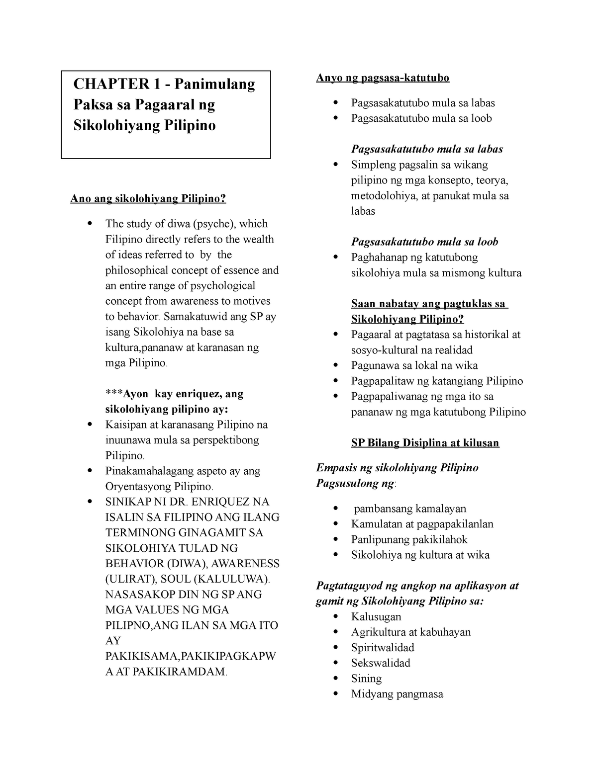 Filipino Psychology Complete Prelims Midterms Finals Chapter Panimulang Paksa Sa Pagaaral Ng Sikolohiyang Pilipino Ano Ang Sikolohiyang Pilipino The Study Studocu