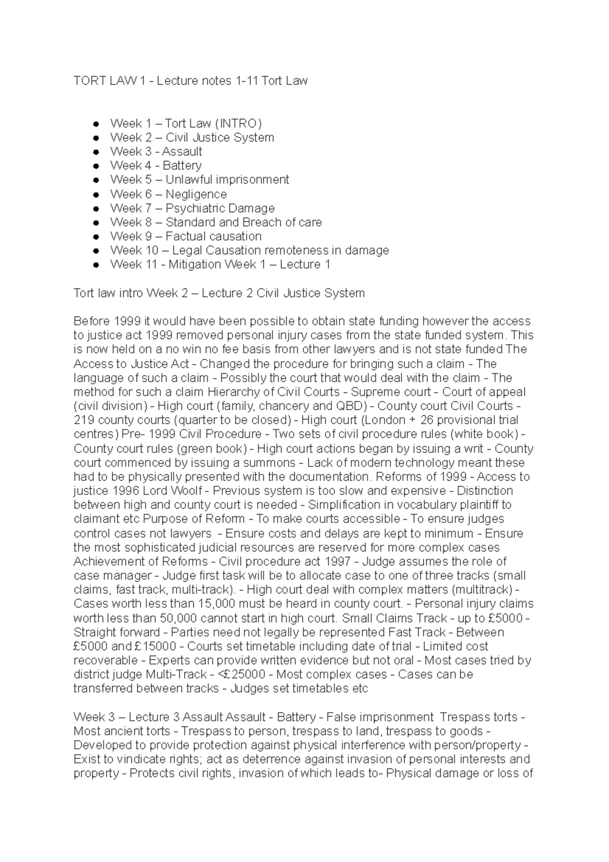 Civil law negliegence and duty of care - TORT LAW 1 - Lecture notes 1 ...