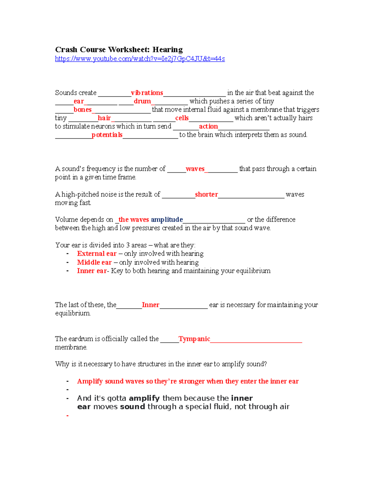 Crash Course worksheet hearing exam 3 Crash Course Worksheet Hearing