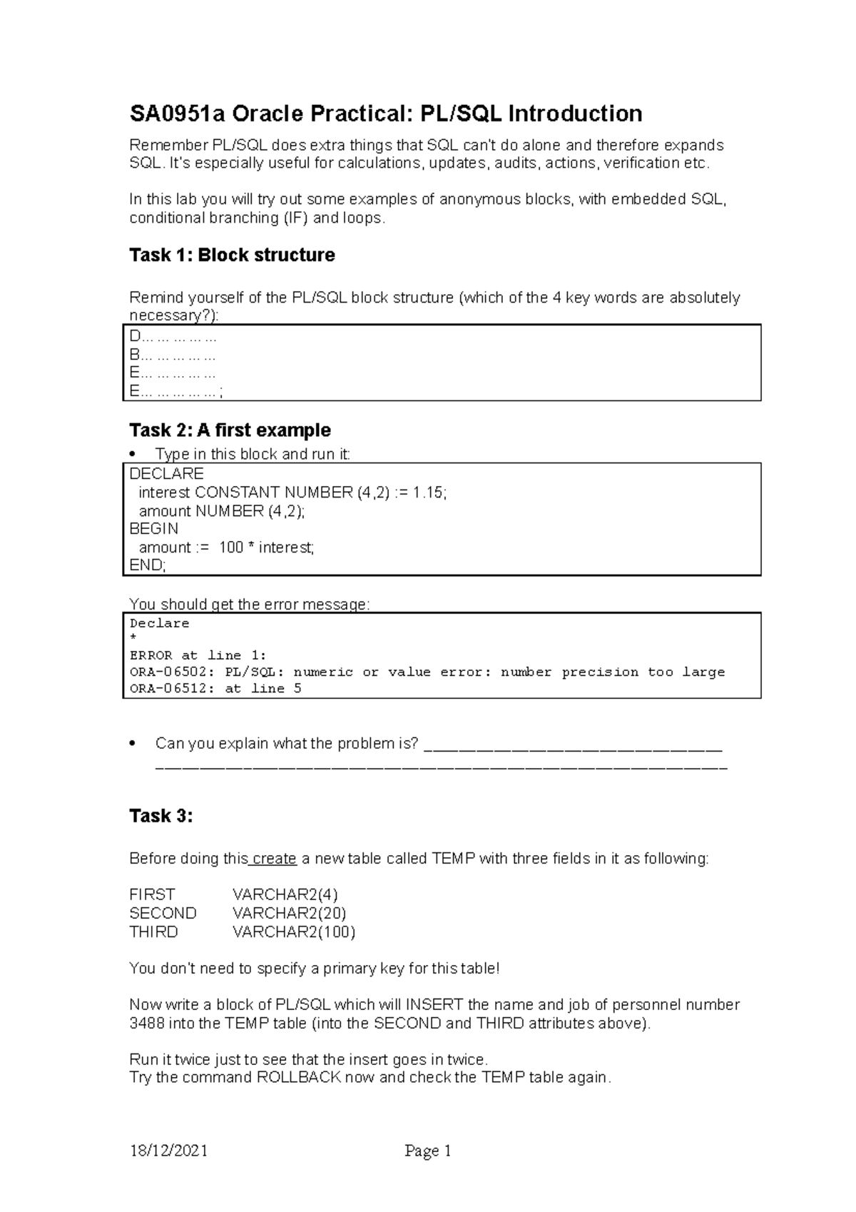 Laboratorio Creando Plsql 1 - SA0951a Oracle Practical: PL/SQL ...