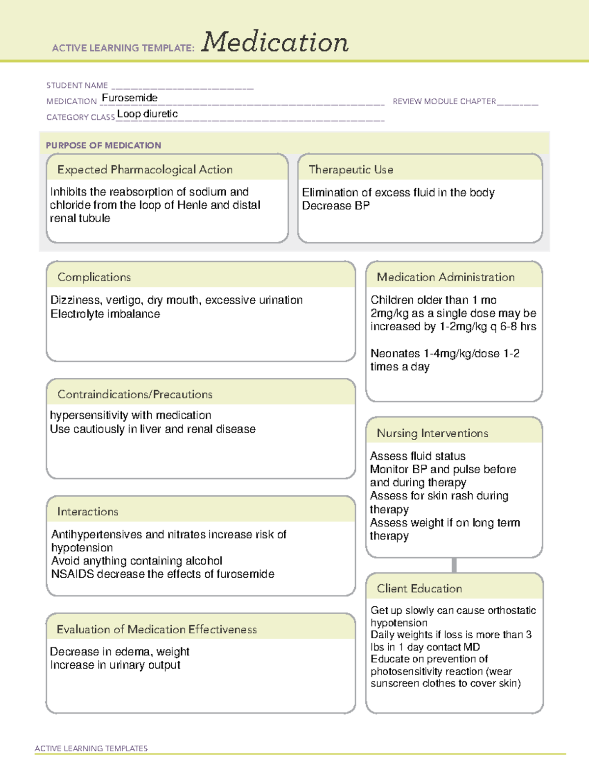 Furosemide drug card ACTIVE LEARNING TEMPLATES Medication STUDENT