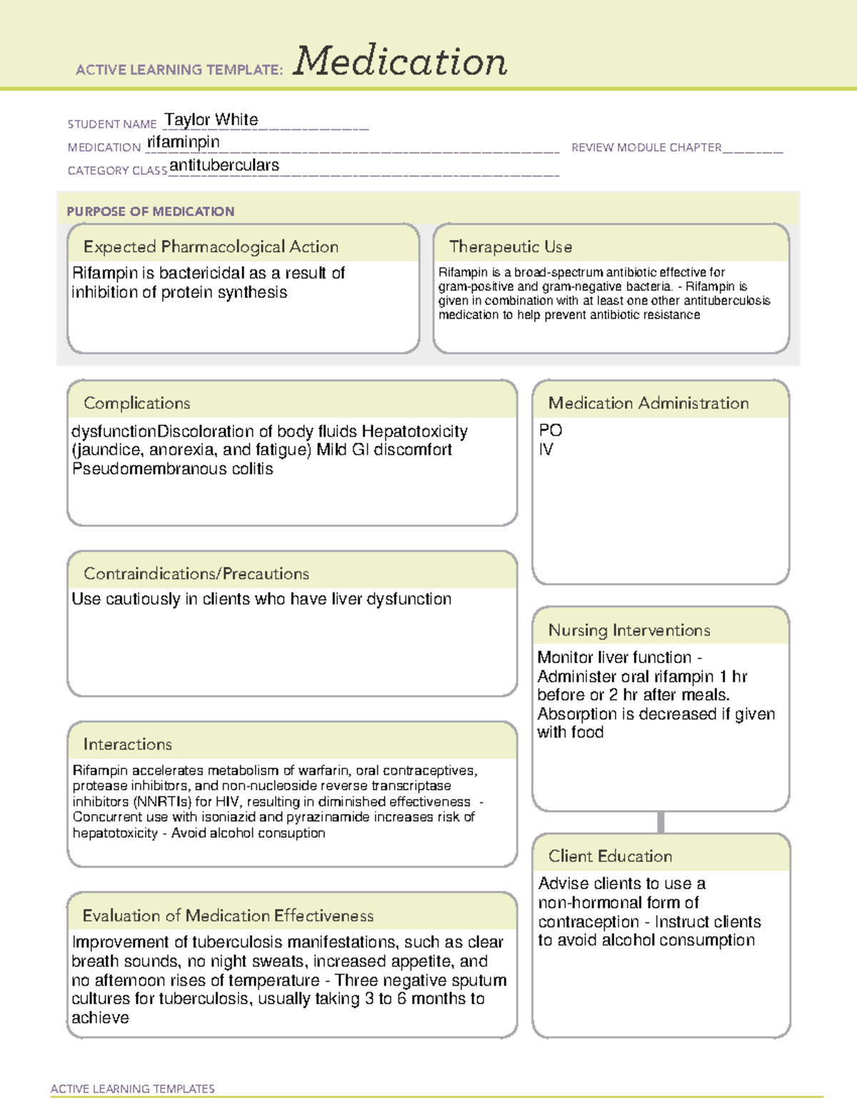 Rifampin drug card - ACTIVE LEARNING TEMPLATES Medication STUDENT NAME ...