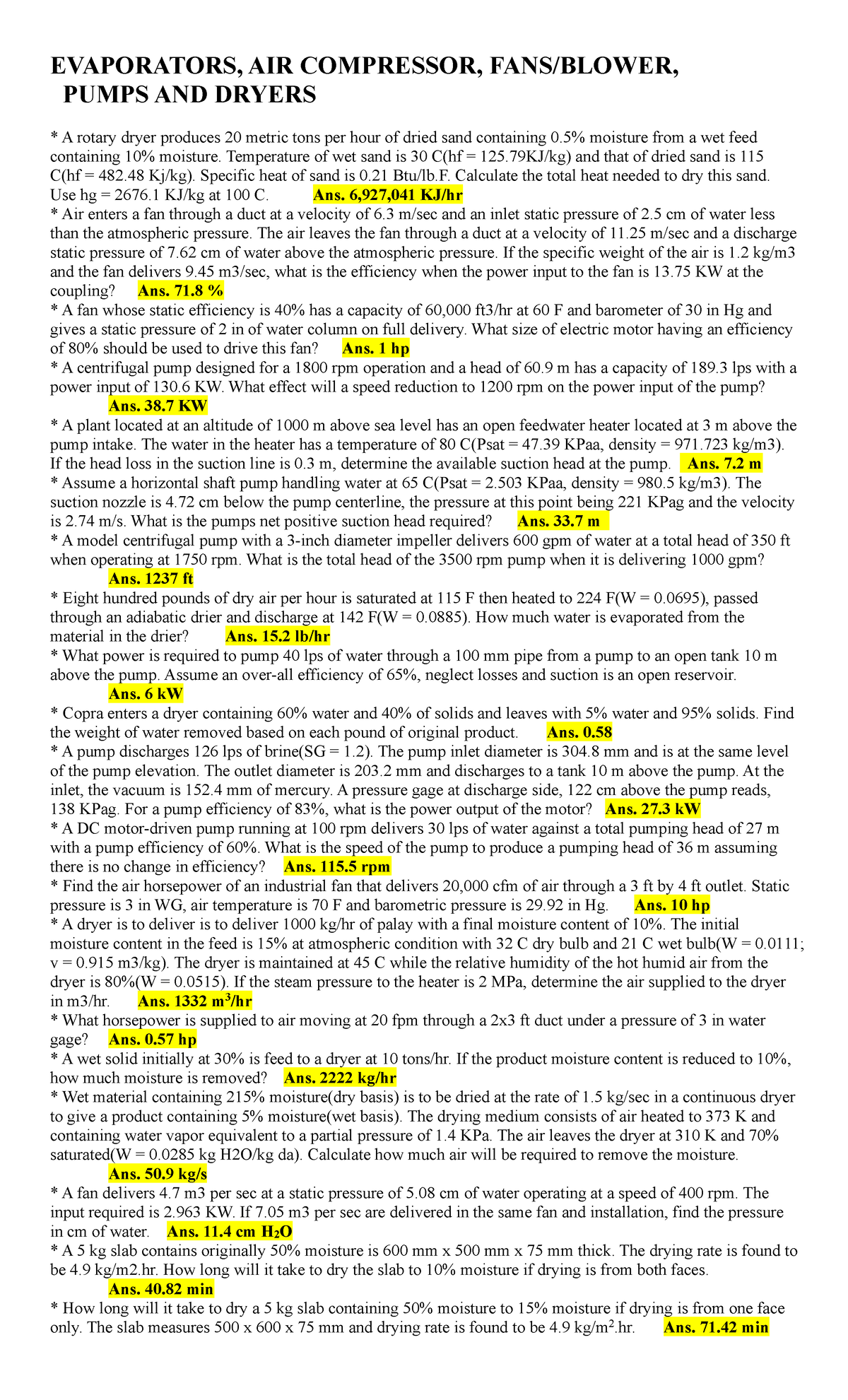 Evaporators, Air Compressor, Fans, Pumps, Dryers Practice Problems