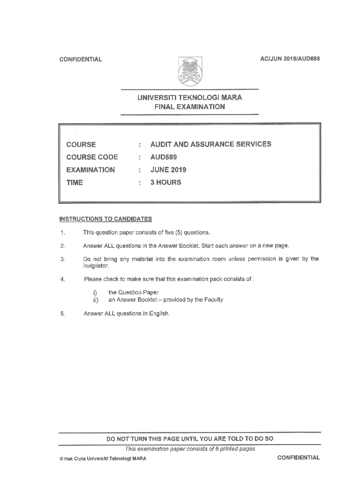 JUNE 2019 AUD689 - ANSWER SCHEME - Audit and Assurance Services - UiTM ...