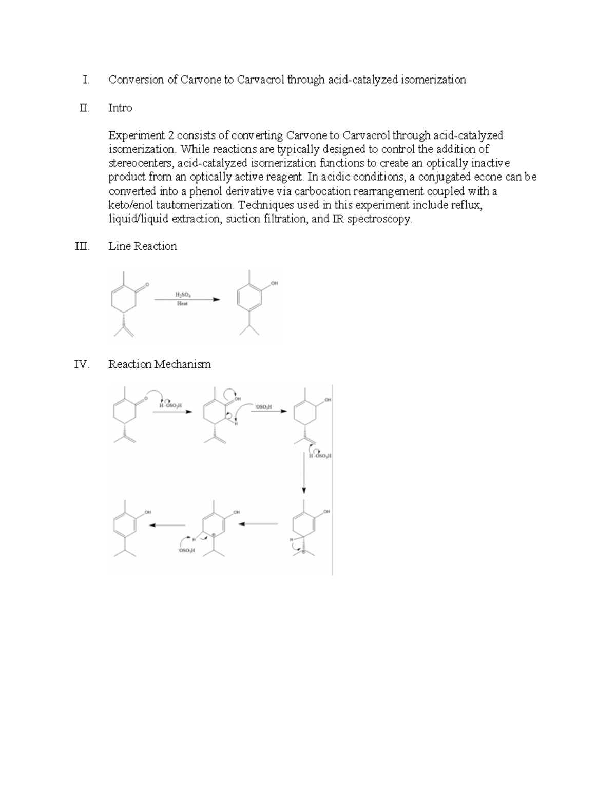 Experiment 2 O chem 2 - I. Conversion of Carvone to Carvacrol through ...