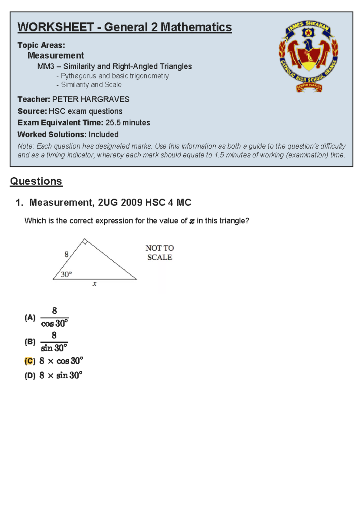 Mm3 - similarity and right angled triangles (26 minutes) - WORKSHEET ...