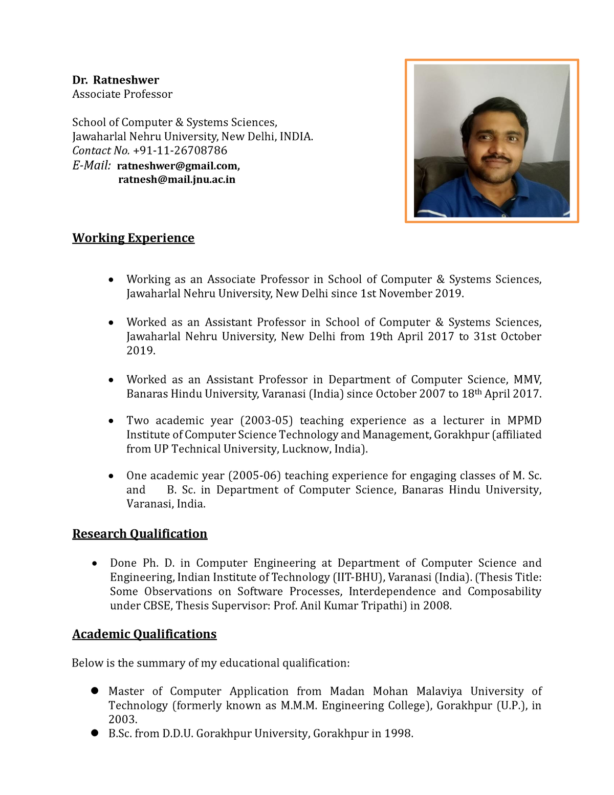 Dr Ratneshwer CV - Hii - Dr. Ratneshwer Associate Professor School of ...