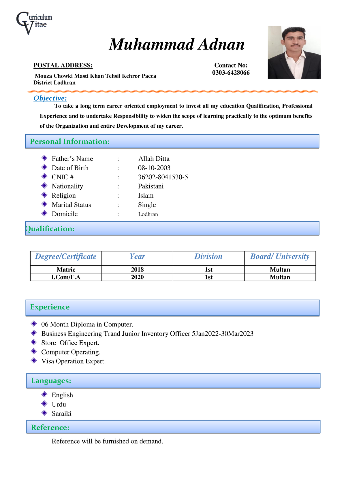 Adnan CV - Muhammad Adnan POSTAL ADDRESS: Mouza Chowki Masti Khan ...