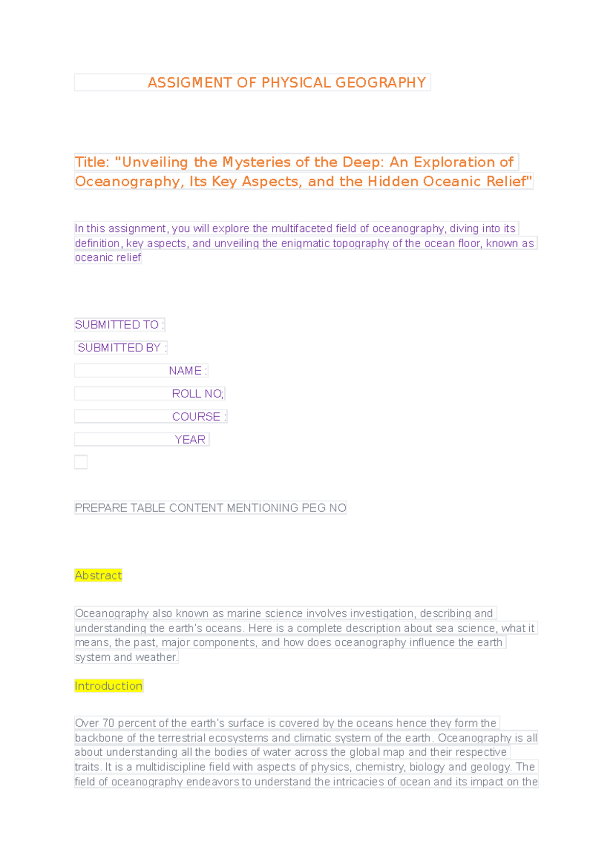 Assigment OF Physical Geography - ASSIGMENT OF PHYSICAL GEOGRAPHY Title ...
