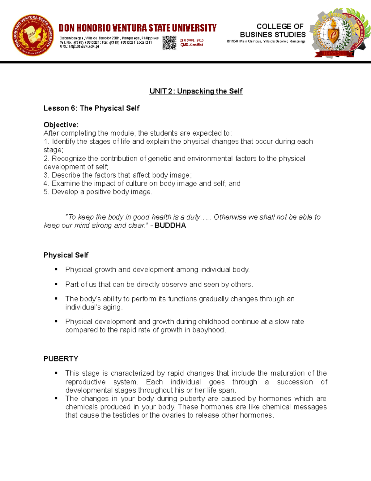 6. Physical Self - Lecture notes 6 - UNIT 2: Unpacking the Self Lesson ...