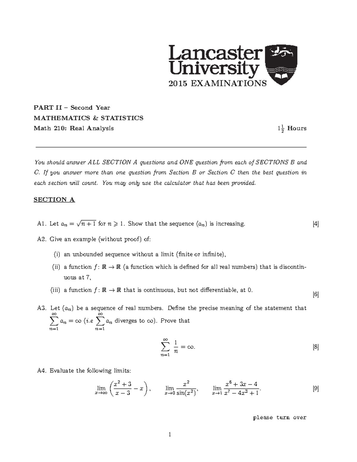 Real Analysis Exam 2015, questions - 2015 EXAMINATIONS PART II – Second ...
