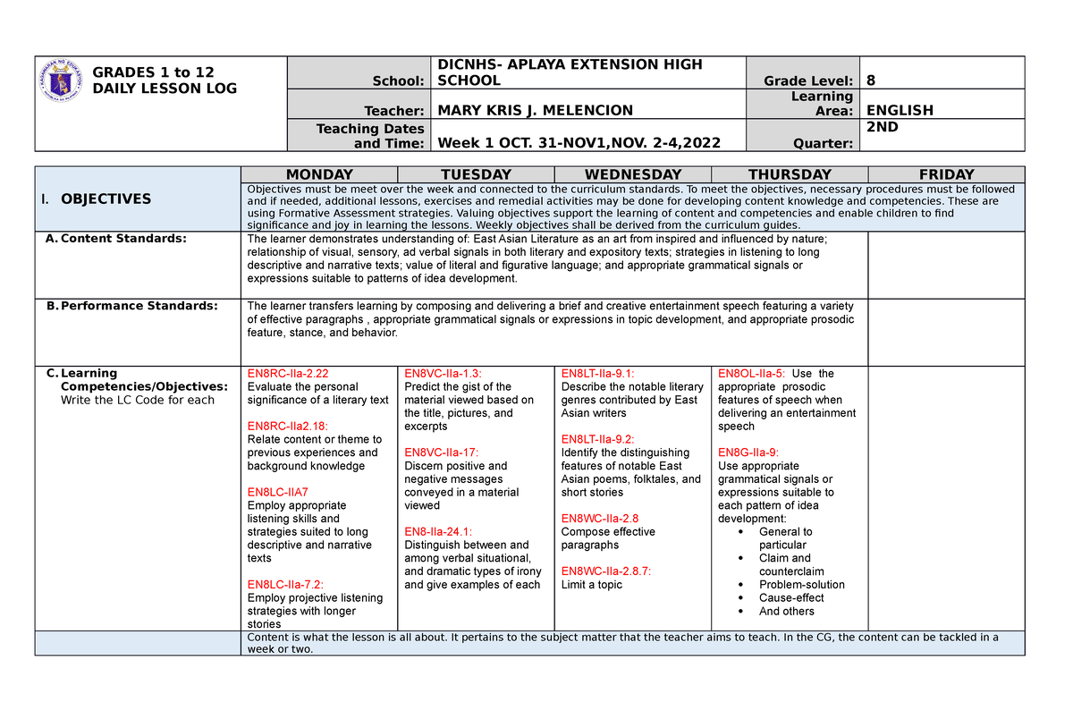 DLL-ENG8-2NDQ-1st-week Edited - GRADES 1 To 12 DAILY LESSON LOG School ...